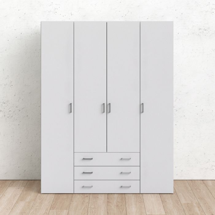 Space Wooden Wardrobe 4 Doors 3 Drawers in White