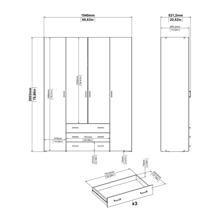 Space Wooden Wardrobe 4 Doors 3 Drawers in White