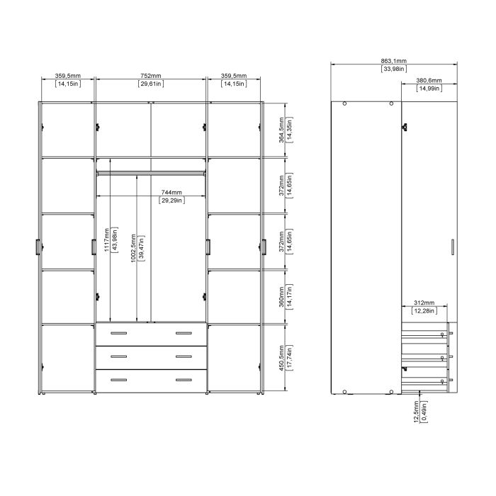 Space Wooden Wardrobe 4 Doors 3 Drawers in White