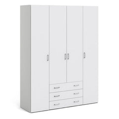 Space Wooden Wardrobe 4 Doors 3 Drawers in White