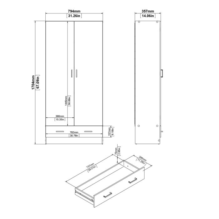 Space Wooden Wardrobe with 2 Doors 1 Drawer in Oak