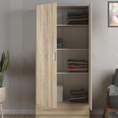 Space Wooden Wardrobe with 2 Doors 1 Drawer in Oak - Furniture One Shop