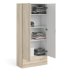 Space Wooden Wardrobe with 2 Doors 1 Drawer in Oak - Furniture One Shop