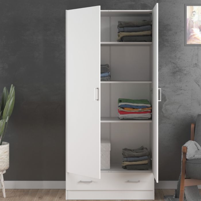 Space Wooden Wardrobe with 2 Doors 1 Drawer in White