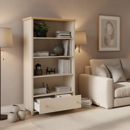 Story Tall Wooden 1 Drawer 3 Shelves Bookcase in Beige
