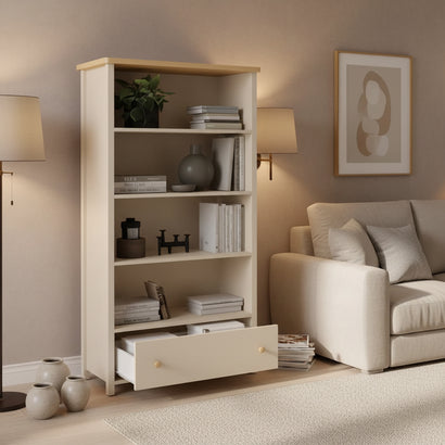 Story Tall Wooden 1 Drawer 3 Shelves Bookcase in Beige