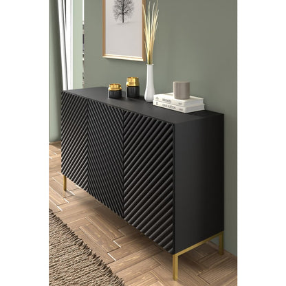 Surf Wooden Sideboard with 3 Doors in Black with Gold Metal Legs