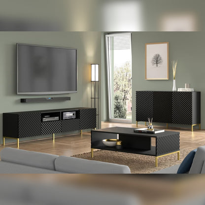 Surf Wooden Sideboard with 3 Doors in Black with Gold Metal Legs