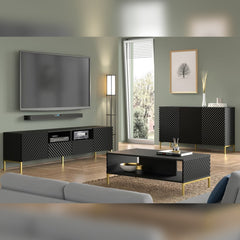 Surf Wooden Sideboard with 3 Doors in Black with Gold Metal Legs