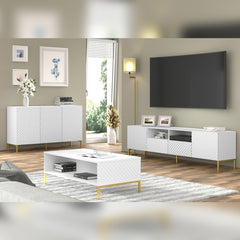 Surf Wooden Sideboard with 3 Doors in White with Gold Metal Legs