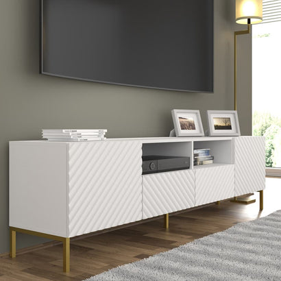 Surf Wooden TV Stand with 2 Drawers in White with Gold Metal Legs