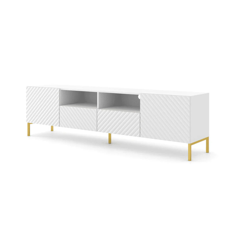 Surf Wooden TV Stand with 2 Drawers in White with Gold Metal Legs