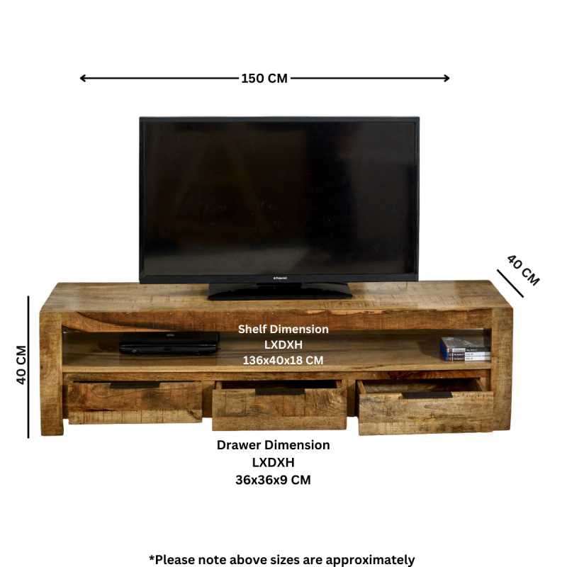 Surrey Large TV Stand With 3 Drawers in Solid Wood 150cm - UK