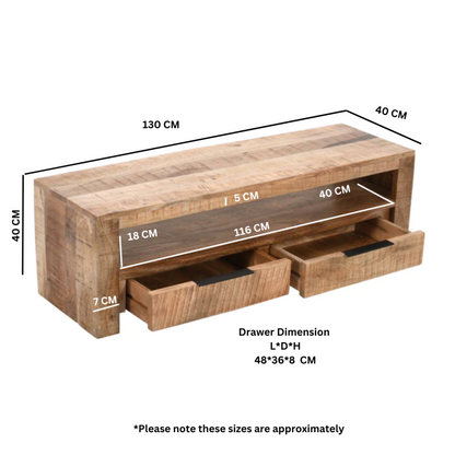 Surrey TV Stand With 2 Drawers in Solid Wood 130 cm - UK