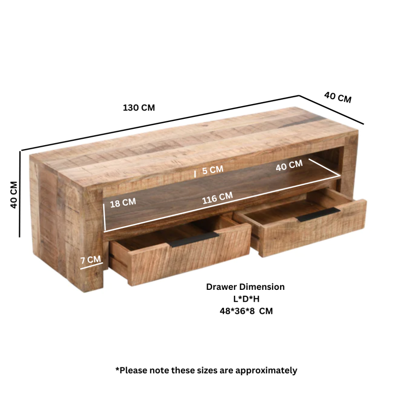 Surrey TV Stand With 2 Drawers in Solid Wood 130 cm - UK