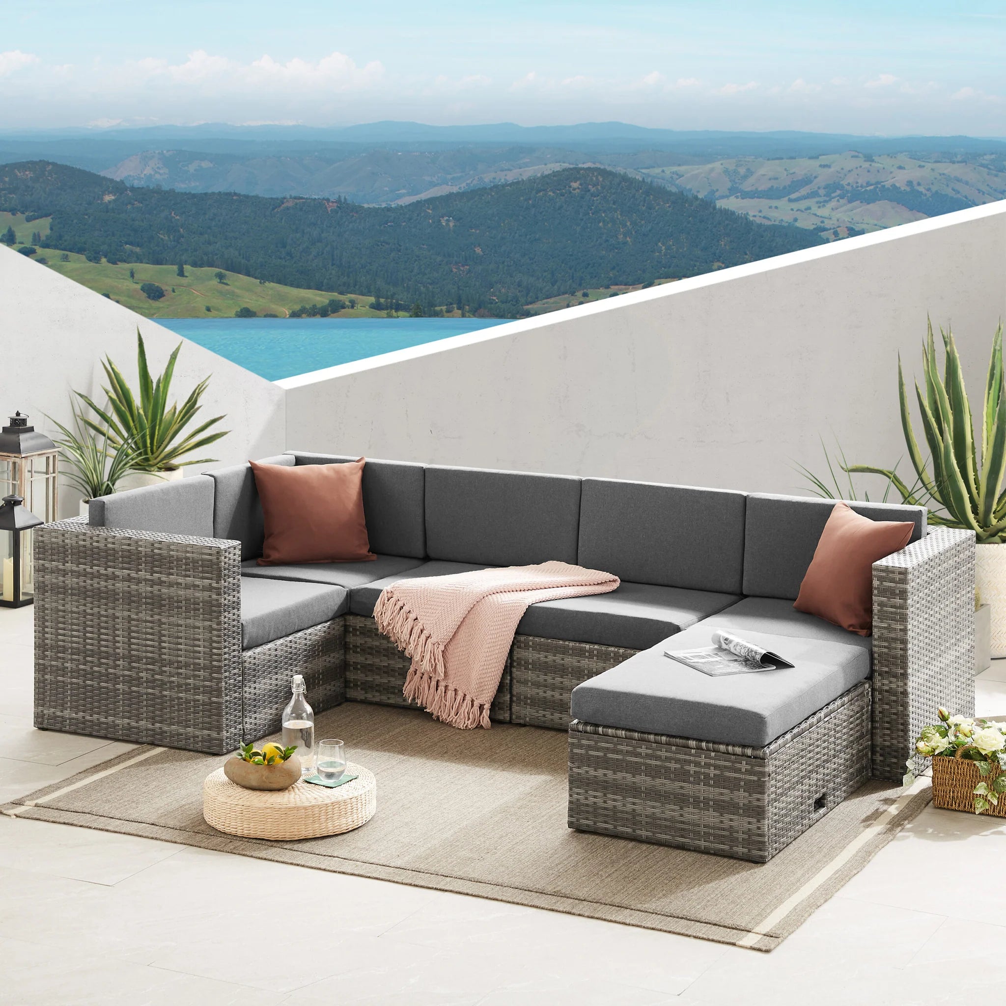 Tatton 6 Seater Corner Sofa and Coffee Table Patio Set in Grey Rattan