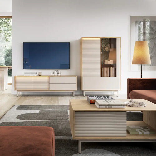 Tila Wooden TV Stand with 2 Doors 2 Drawers in Cashmere & Oiled Oak