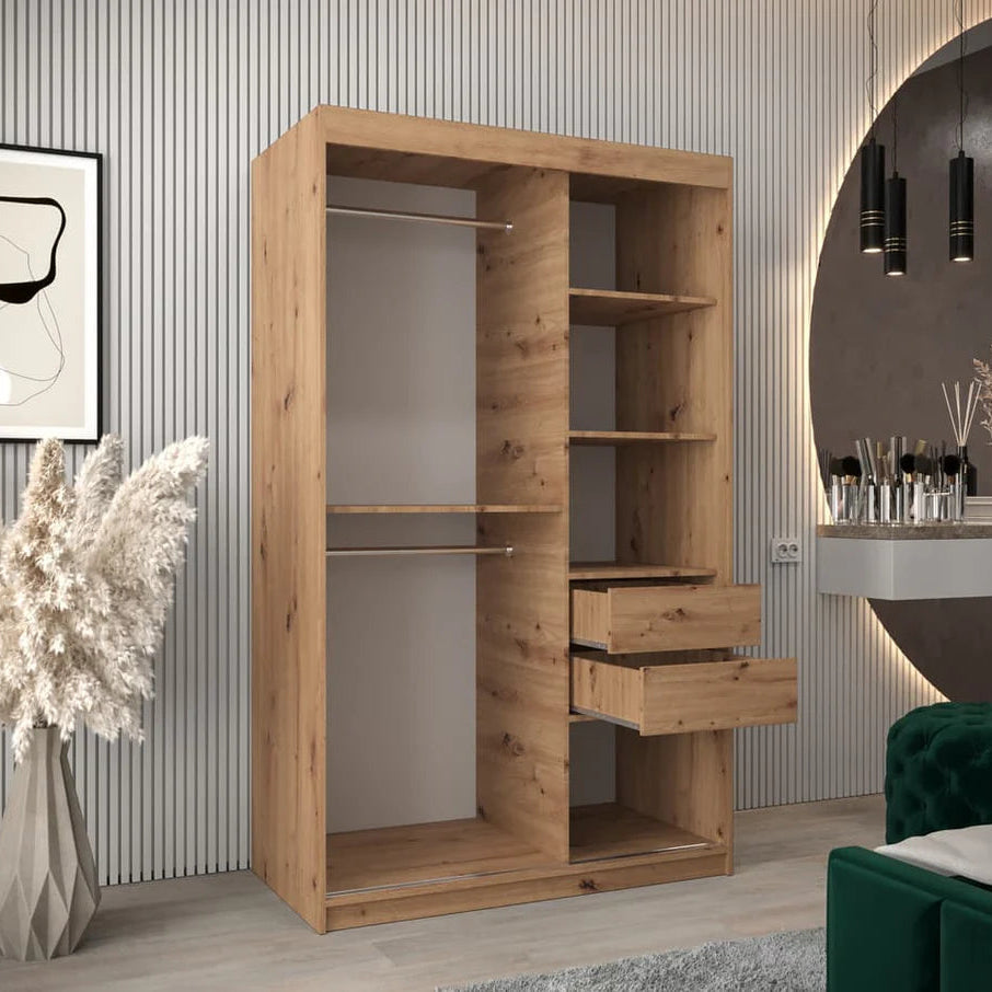 Tokyo III Mirrored Wardrobe 2 Sliding Doors 120cm In Oak Artisan