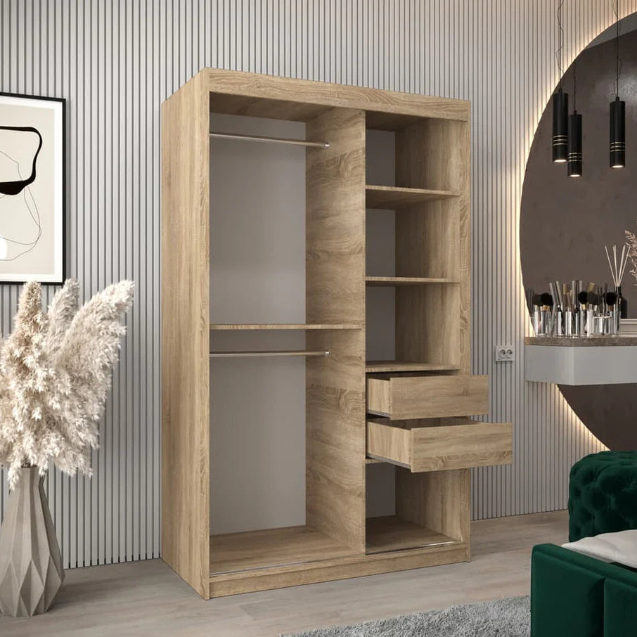 Tokyo III Mirrored Wardrobe 2 Sliding Doors 120cm In Oak Sonoma