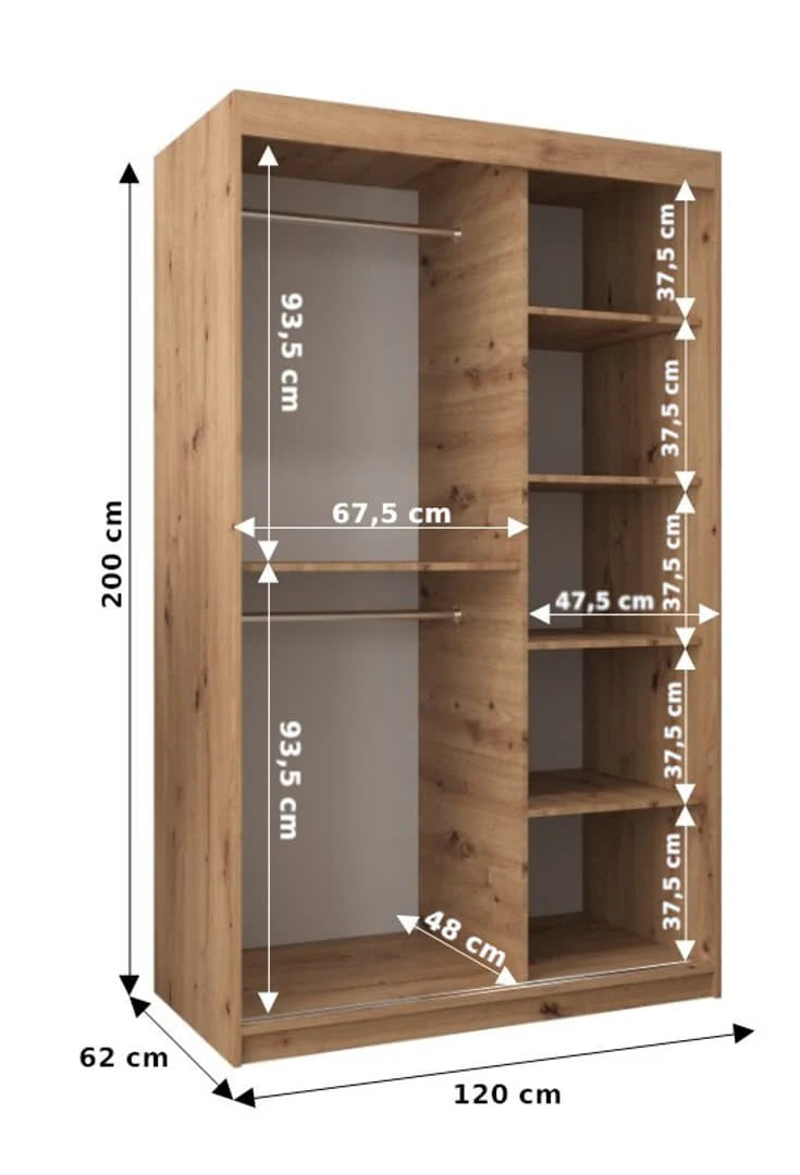 Tokyo III Mirrored Wardrobe 2 Sliding Doors 120cm In Oak Sonoma