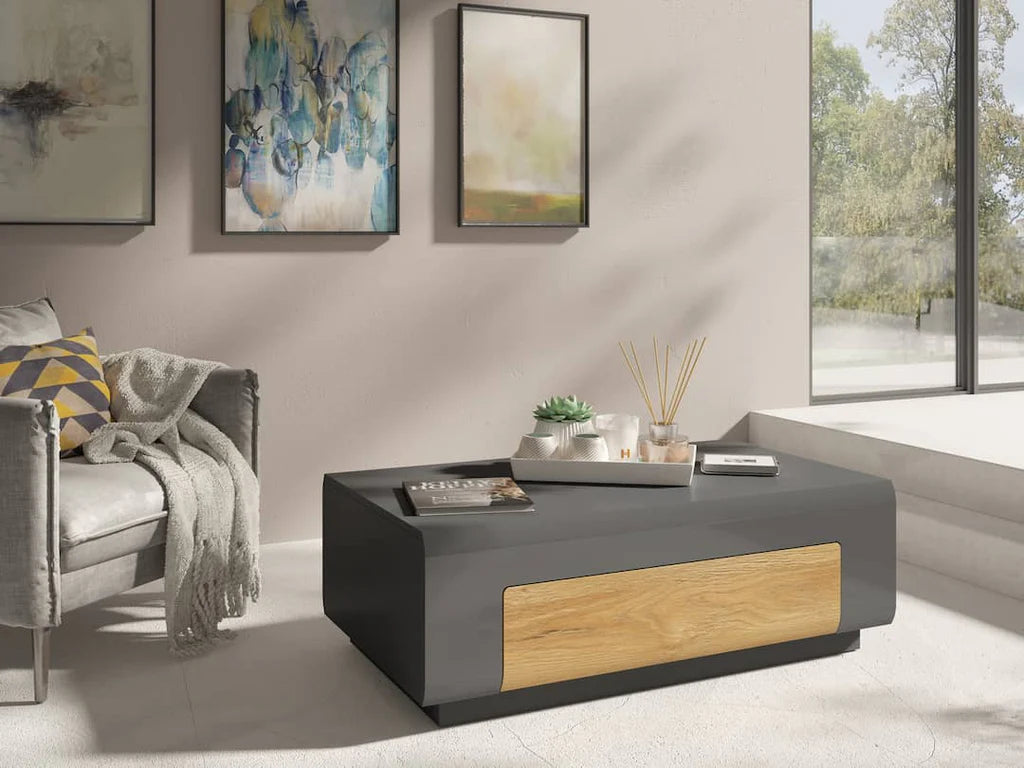 Toledo Wooden Coffee Table in Grey Gloss and San Remo Oak with Grey Matt Carcass - 110cm