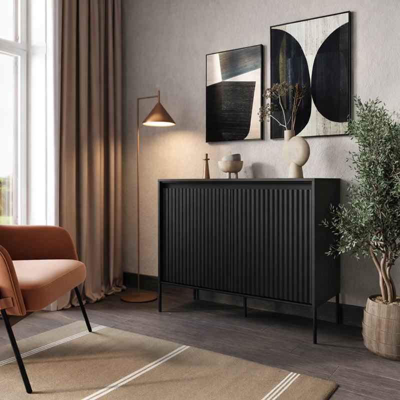 Trend Wooden Sideboard 2 Doors in Black Matt with Black Metal Legs - Furniture One Shop