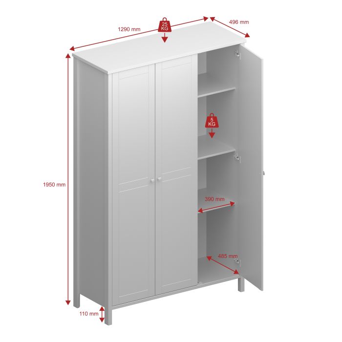 Tromso 3 Doors Wardrobe White with Leather Handles - UK