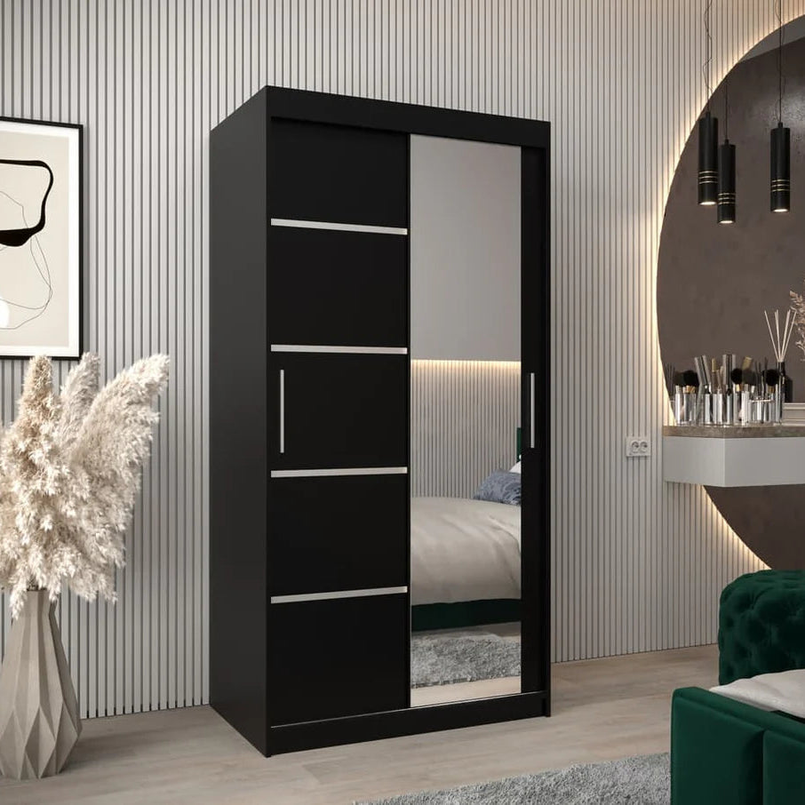 Verona II Mirrored Wardrobe 2 Sliding Doors 100cm In Black Matt