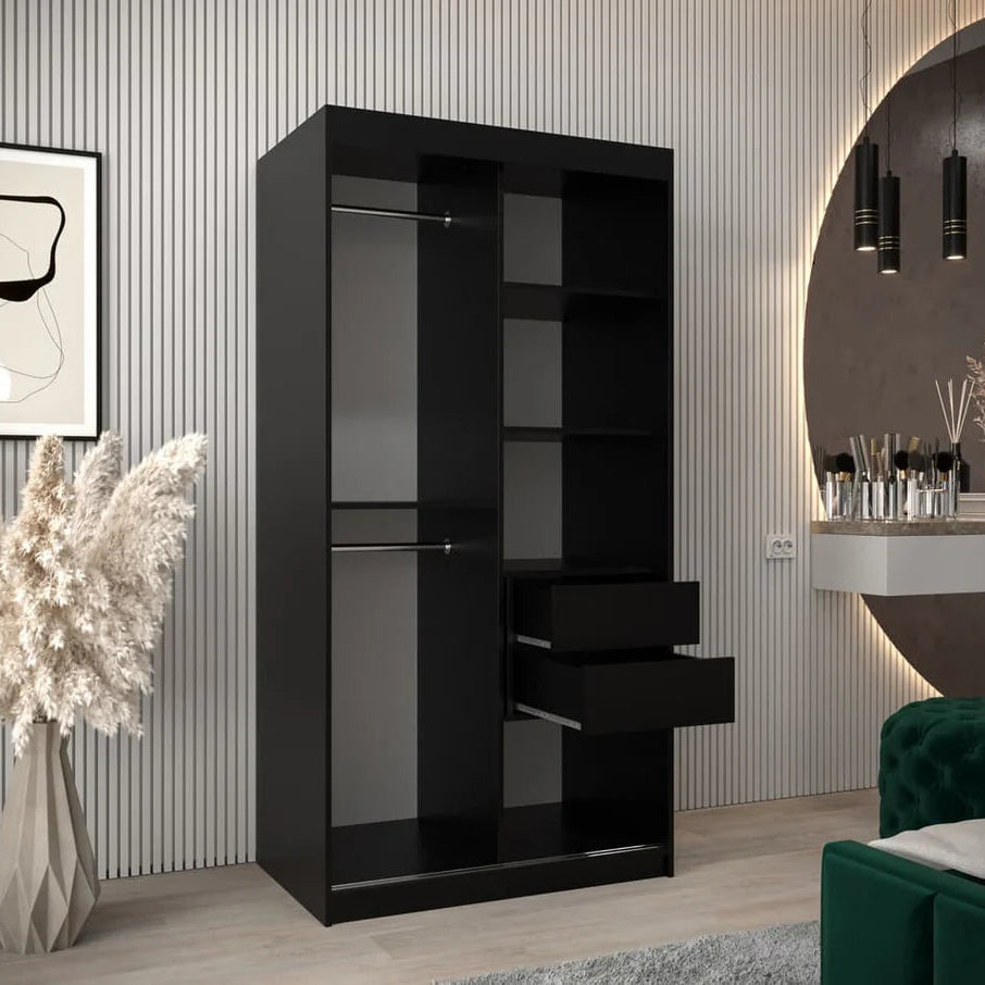 Verona II Mirrored Wardrobe 2 Sliding Doors 100cm In Black Matt