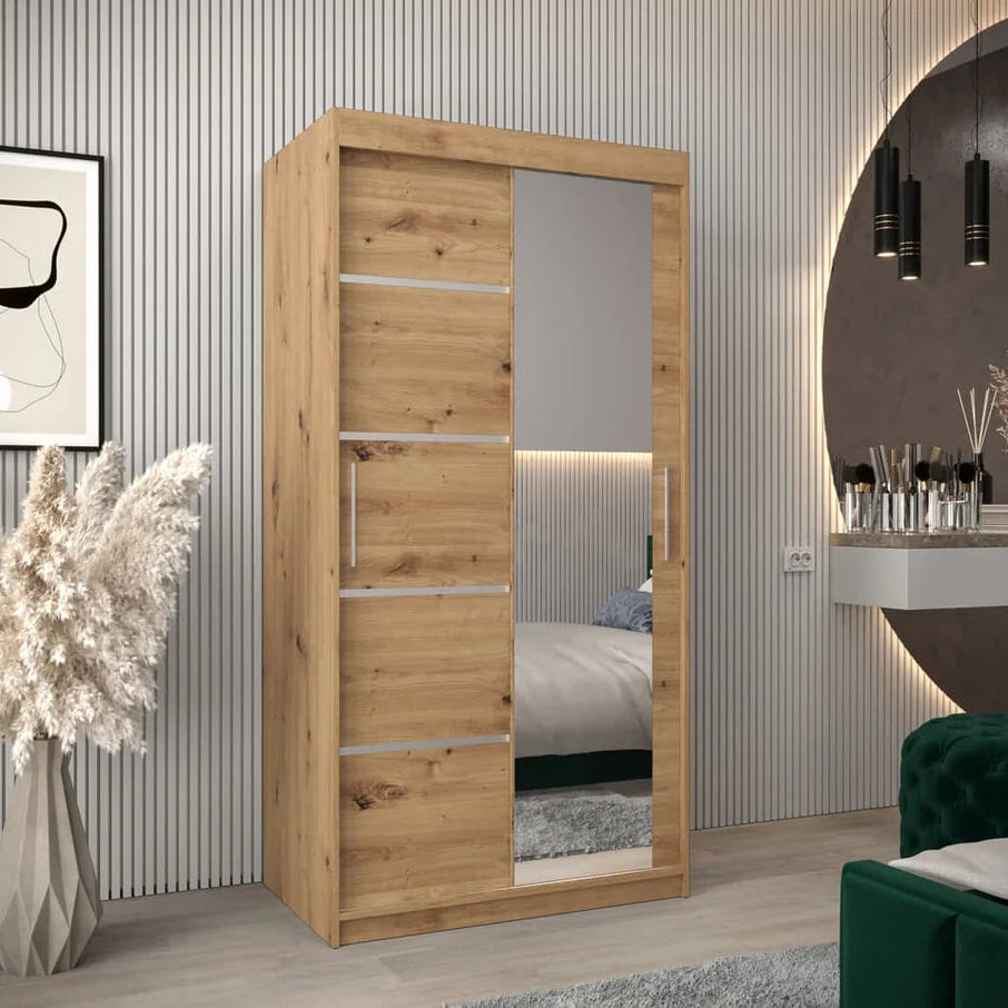 Verona II Mirrored Wardrobe 2 Sliding Doors 100cm In Oak Artisan