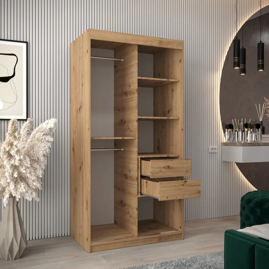 Verona II Mirrored Wardrobe 2 Sliding Doors 100cm In Oak Artisan