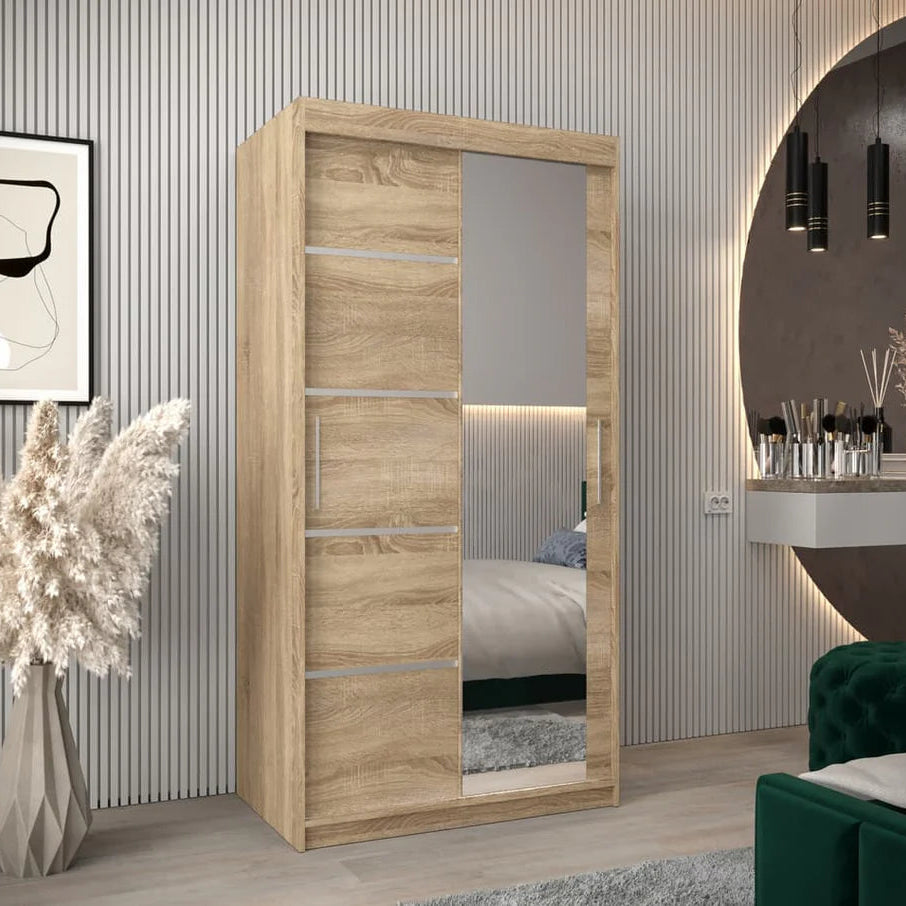 Verona II Mirrored Wardrobe 2 Sliding Doors 100cm In Oak Sonoma