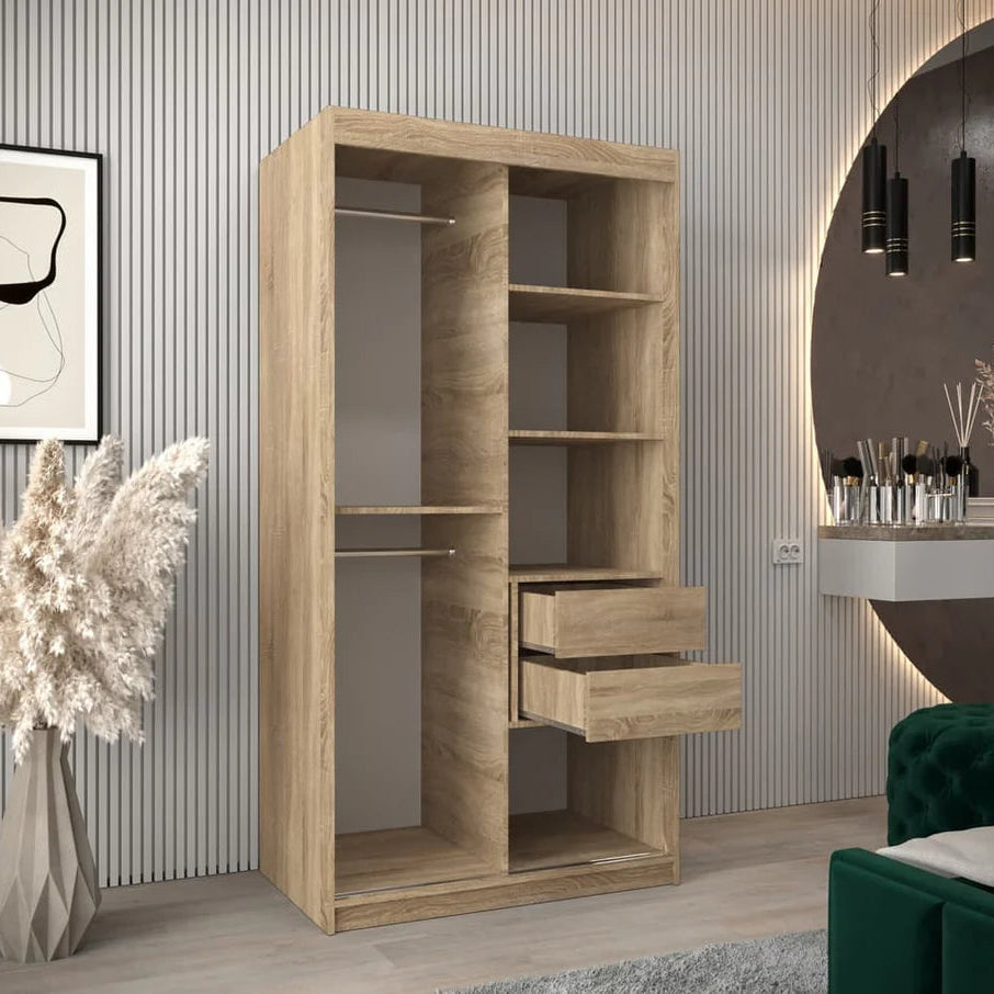 Verona II Mirrored Wardrobe 2 Sliding Doors 100cm In Oak Sonoma