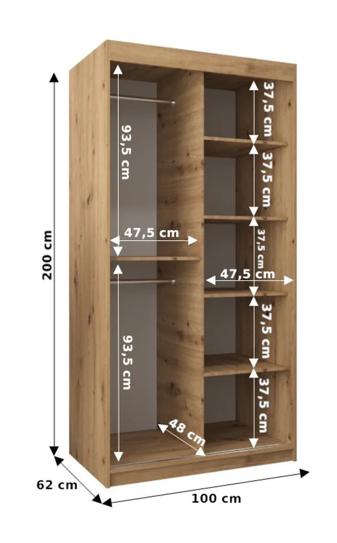 Verona II Mirrored Wardrobe 2 Sliding Doors 100cm In Oak Sonoma