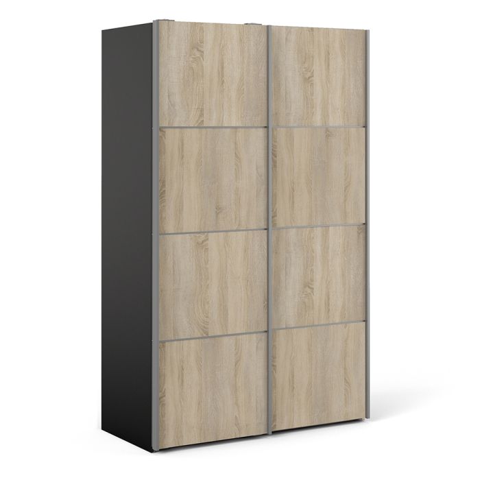 Verona Sliding Wardrobe 120cm in Black Matt with Oak Doors with 2 Shelves - UK