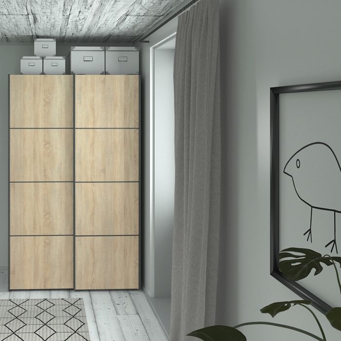 Verona Sliding Wardrobe 120cm in Black Matt with Oak Doors with 2 Shelves - UK