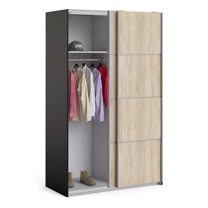 Verona Sliding Wardrobe 120cm in Black Matt with Oak Doors with 2 Shelves - UK