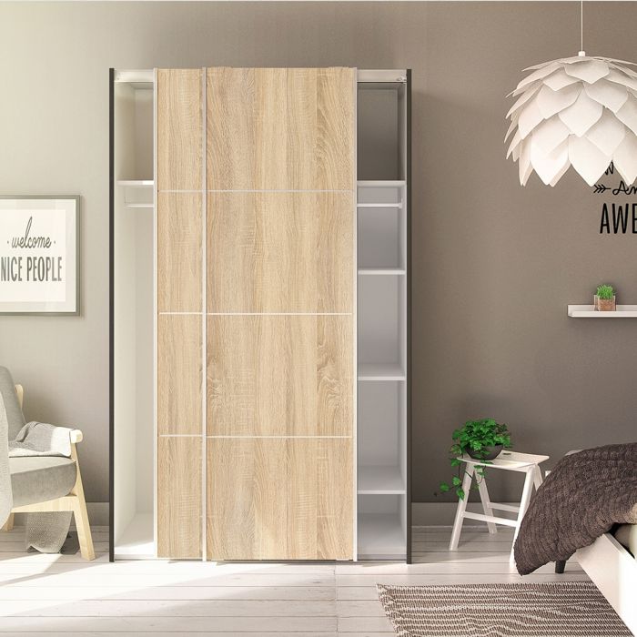 Verona Sliding Wardrobe 120cm in Black Matt with Oak Doors with 5 Shelves - UK