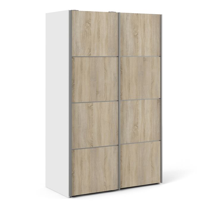 Verona Sliding Wardrobe 120cm in White with Oak Doors with 2 Shelves - UK