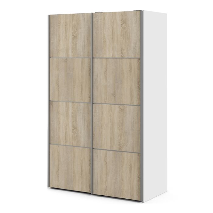 Verona Sliding Wardrobe 120cm in White with Oak Doors with 2 Shelves - UK