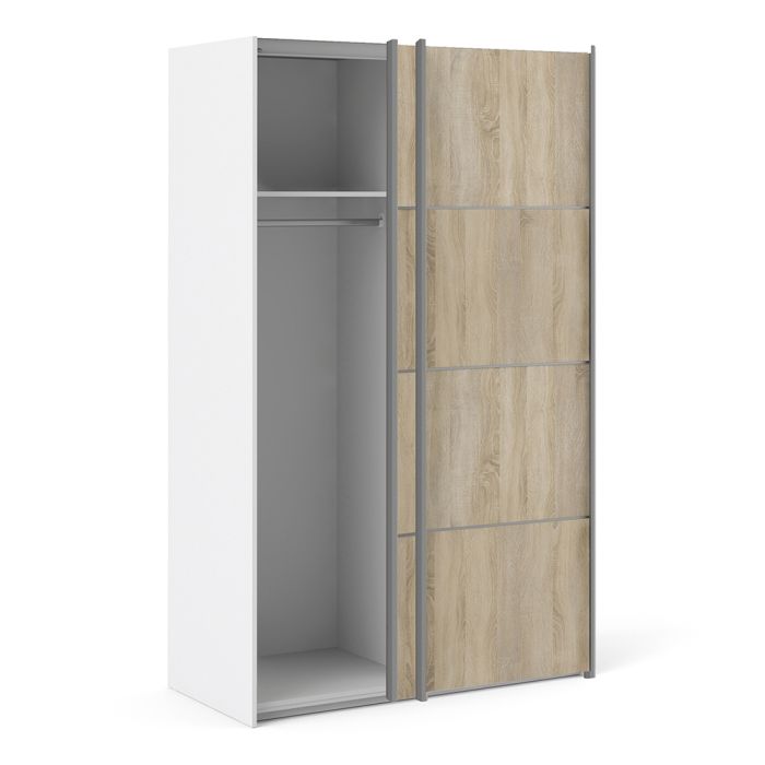 Verona Sliding Wardrobe 120cm in White with Oak Doors with 2 Shelves - UK