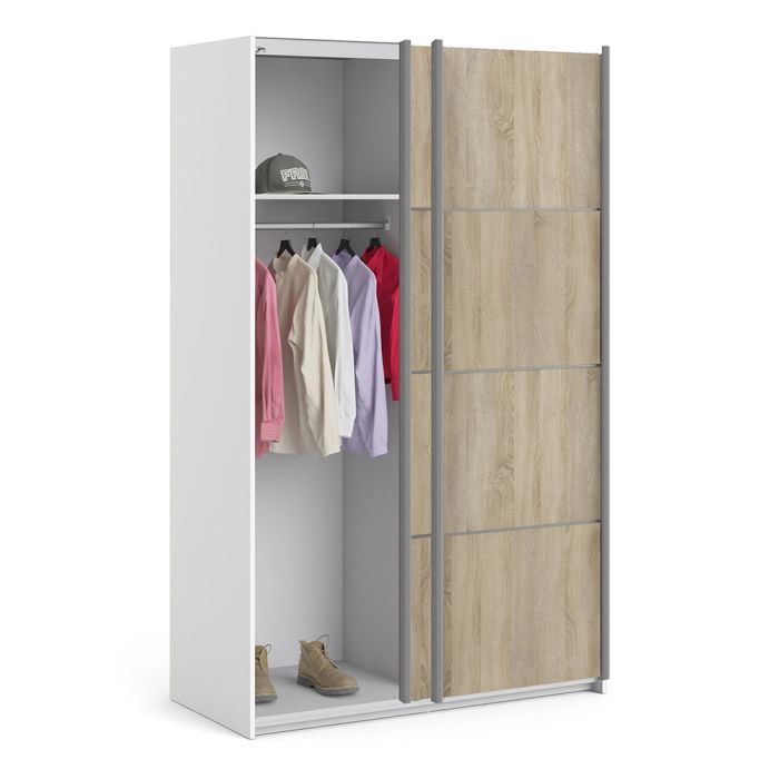 Verona Sliding Wardrobe 120cm in White with Oak Doors with 2 Shelves - UK