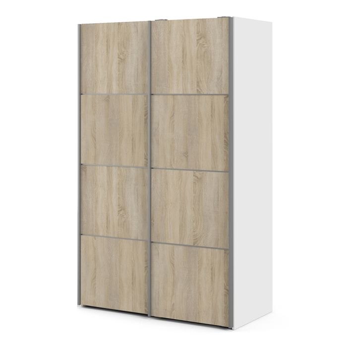 Verona Sliding Wardrobe 120cm in White with Oak Doors with 5 Shelves - UK