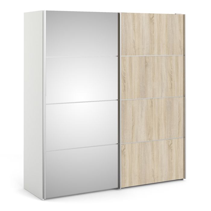 Verona Sliding Wardrobe 180cm in White with Oak and Mirror Doors with 2 Shelves - UK