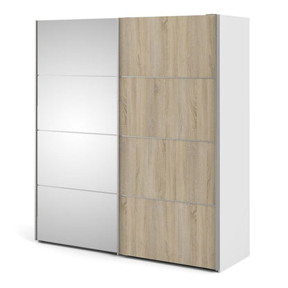 Verona Sliding Wardrobe 180cm in White with Oak and Mirror Doors with 2 Shelves - UK