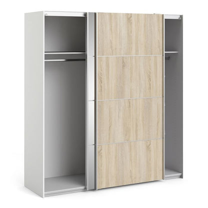 Verona Sliding Wardrobe 180cm in White with Oak and Mirror Doors with 2 Shelves - UK