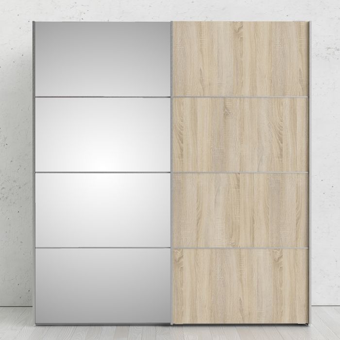 Verona Sliding Wardrobe 180cm in White with Oak and Mirror Doors with 2 Shelves - UK