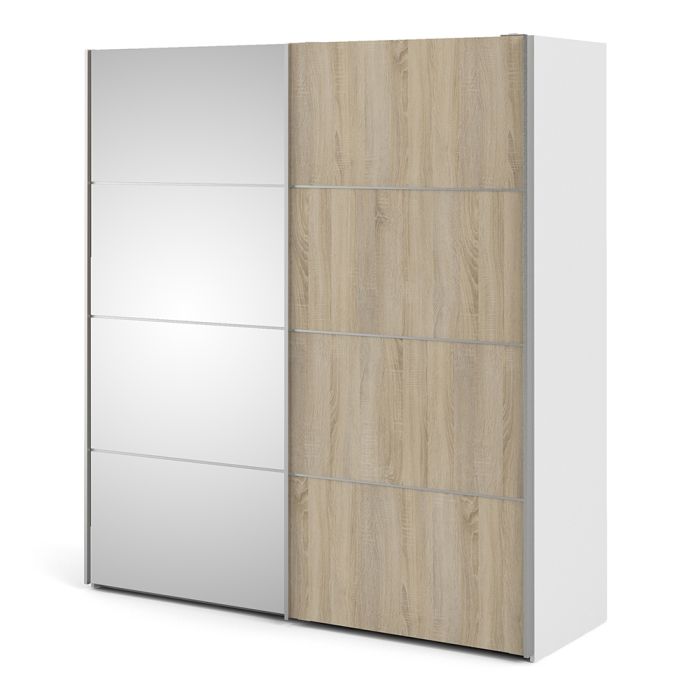 Verona Sliding Wardrobe 180cm in White with Oak and Mirror Doors with 5 Shelves - UK