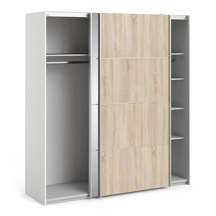 Verona Sliding Wardrobe 180cm in White with Oak and Mirror Doors with 5 Shelves - UK