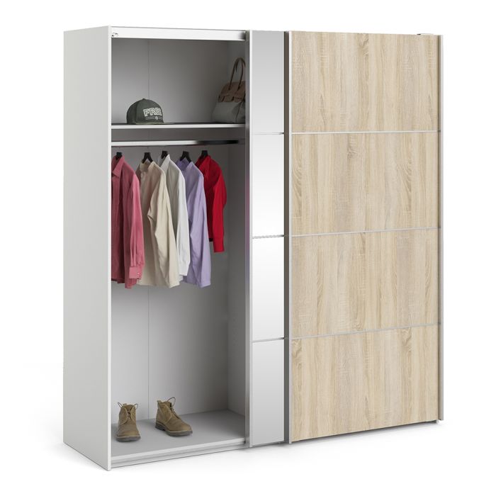 Verona Sliding Wardrobe 180cm in White with Oak and Mirror Doors with 5 Shelves - UK